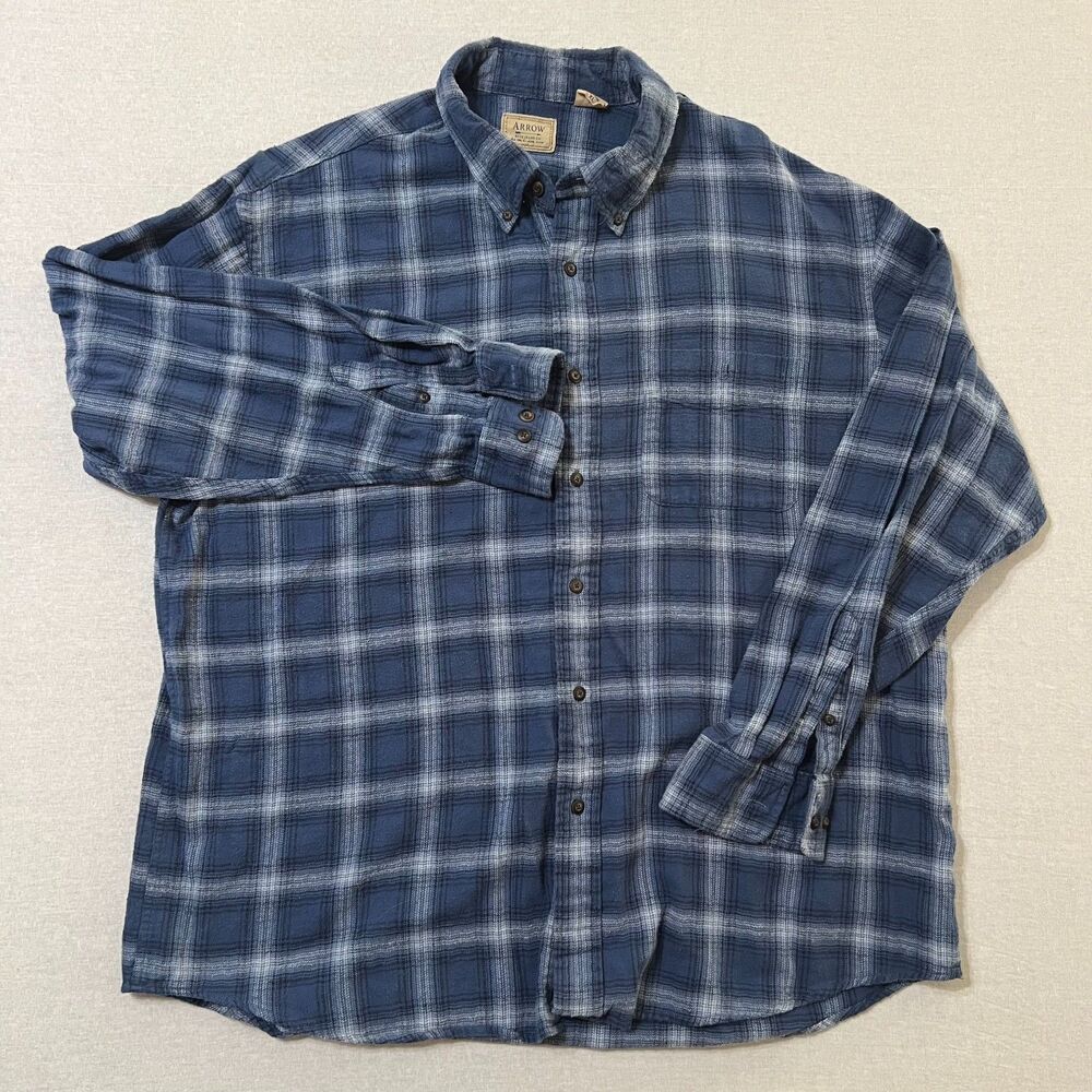 Arrow Blue Jeans Co Mens XL Blue Plaid Flannel Shirt 100% Cotton Button Down
